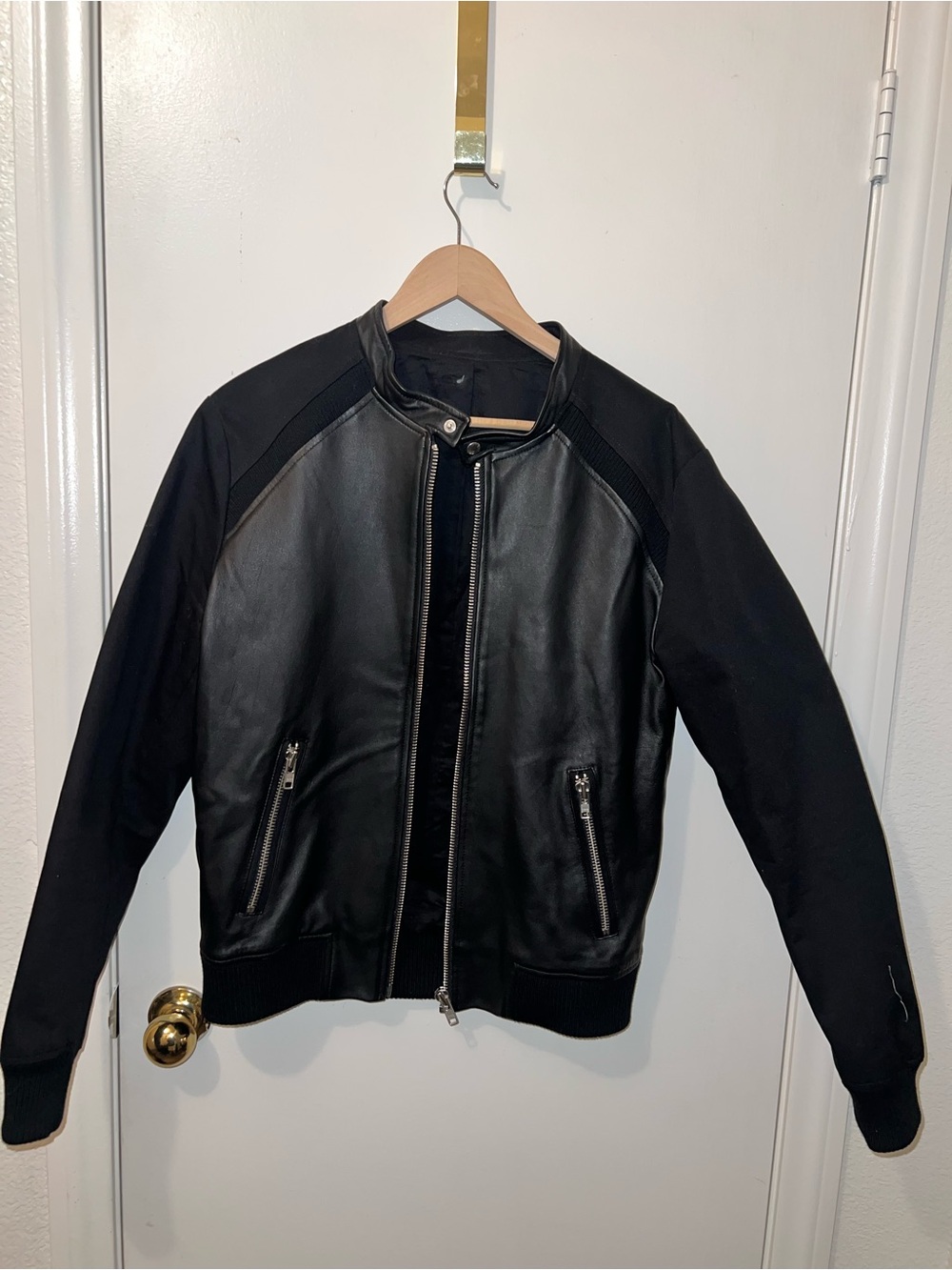 The Kooples Black Leather Bomber Jacket with Knit Sleeves